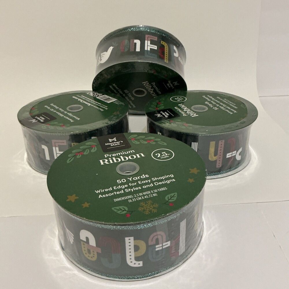 4 New Member's Mark Wired Edge Holiday Ribbon 2.5 “ x 50 Yards - Peace On Earth